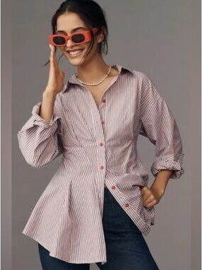 Nwot Maeve Pink & White Striped Asymmetric Button-Down Shirt